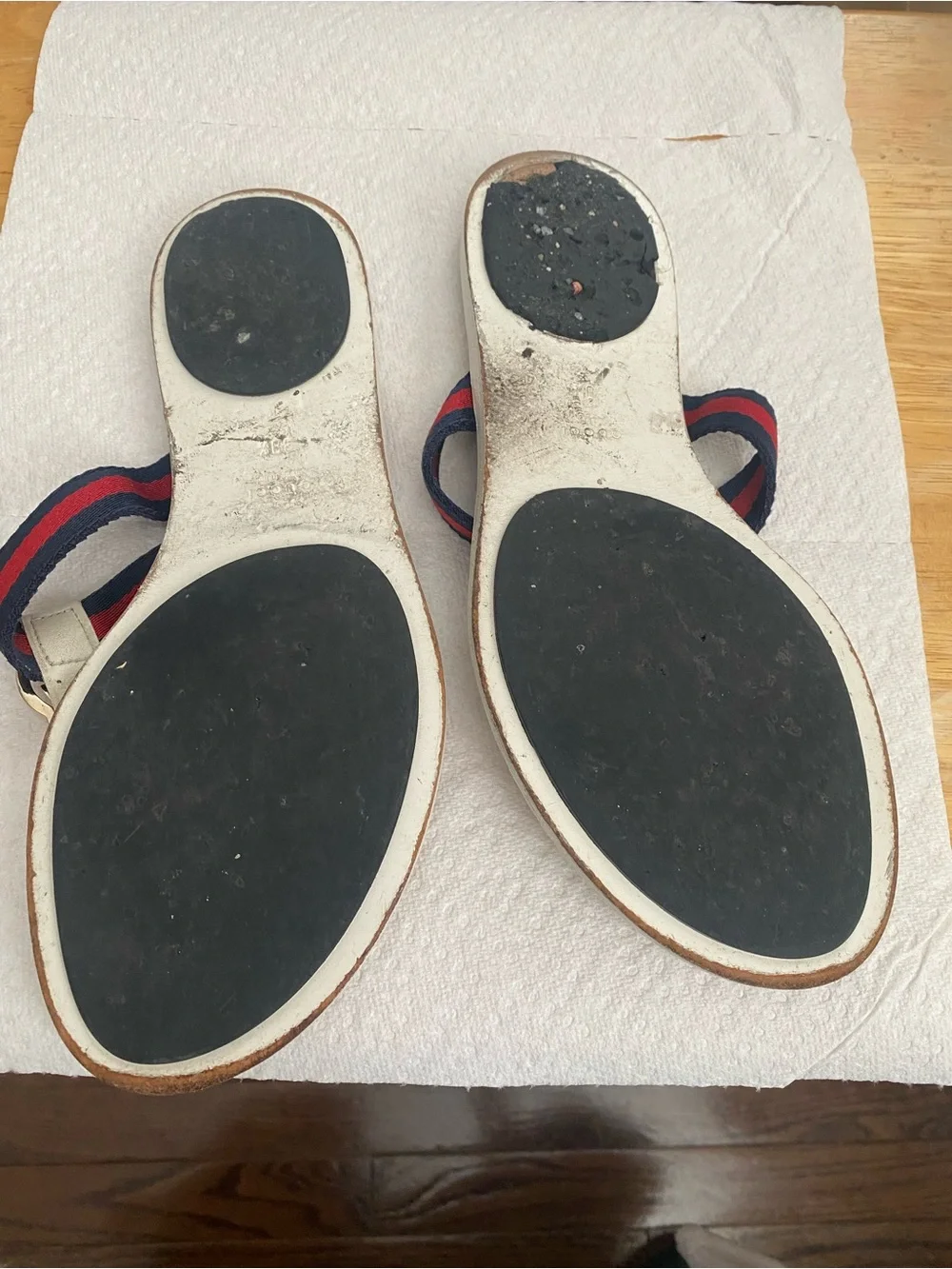 Gucci White Sandal with Red and Blue Web Stripe and Gold Hardware